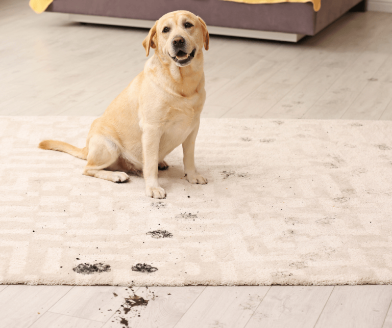 A yellow Labrador Retriever sitting on a light-colored patterned rug covered in muddy paw prints. This image highlights the mess that requires specialized pet owner cleaning to maintain a fresh and sanitary home.